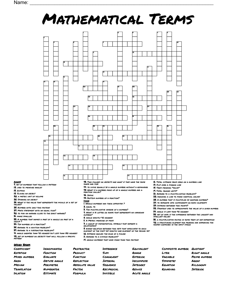Mathematical Terms  Crossword