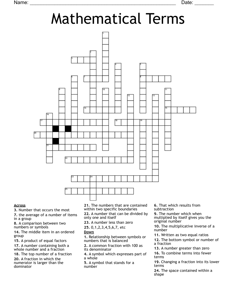 Mathematical Terms  Crossword
