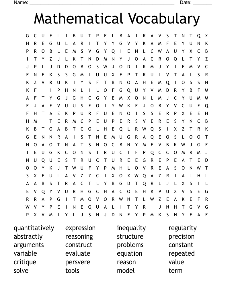 Mathematical Vocabulary Word Search