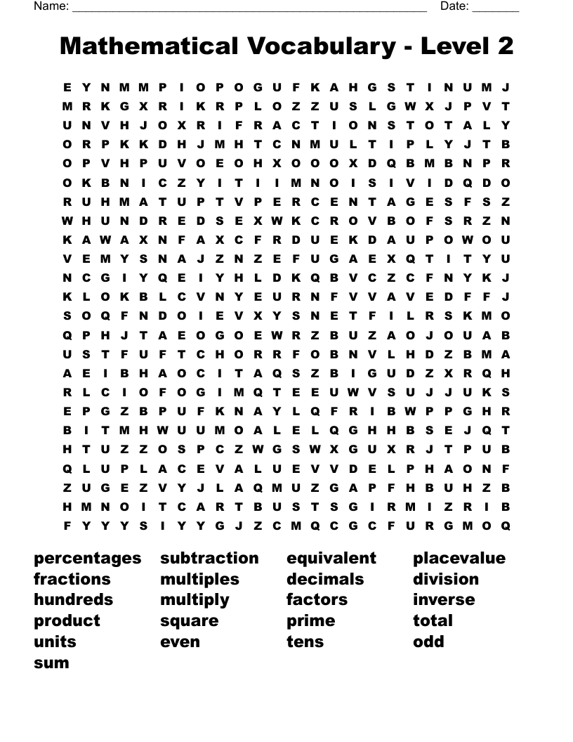 Mathematical Vocabulary - Level 2 Word Search