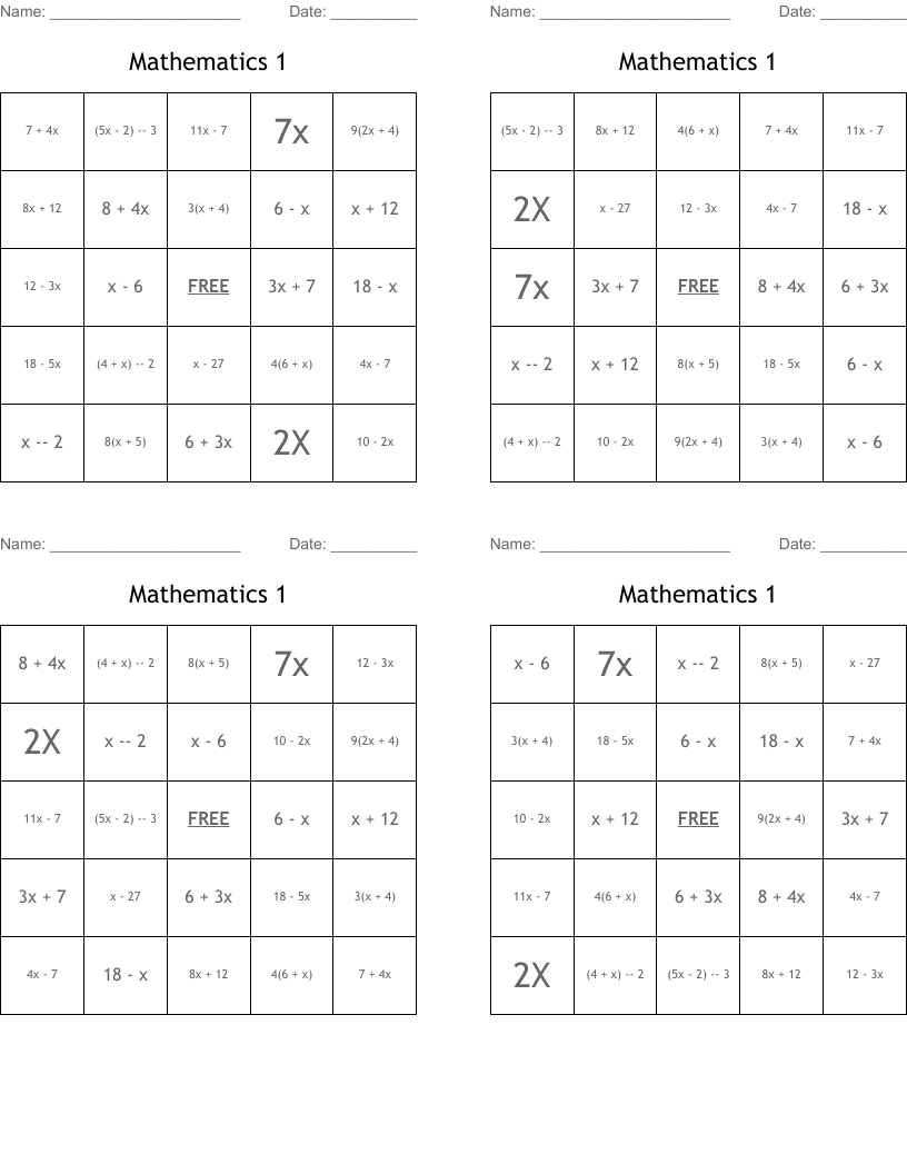 Mathematics 1 Bingo Cards