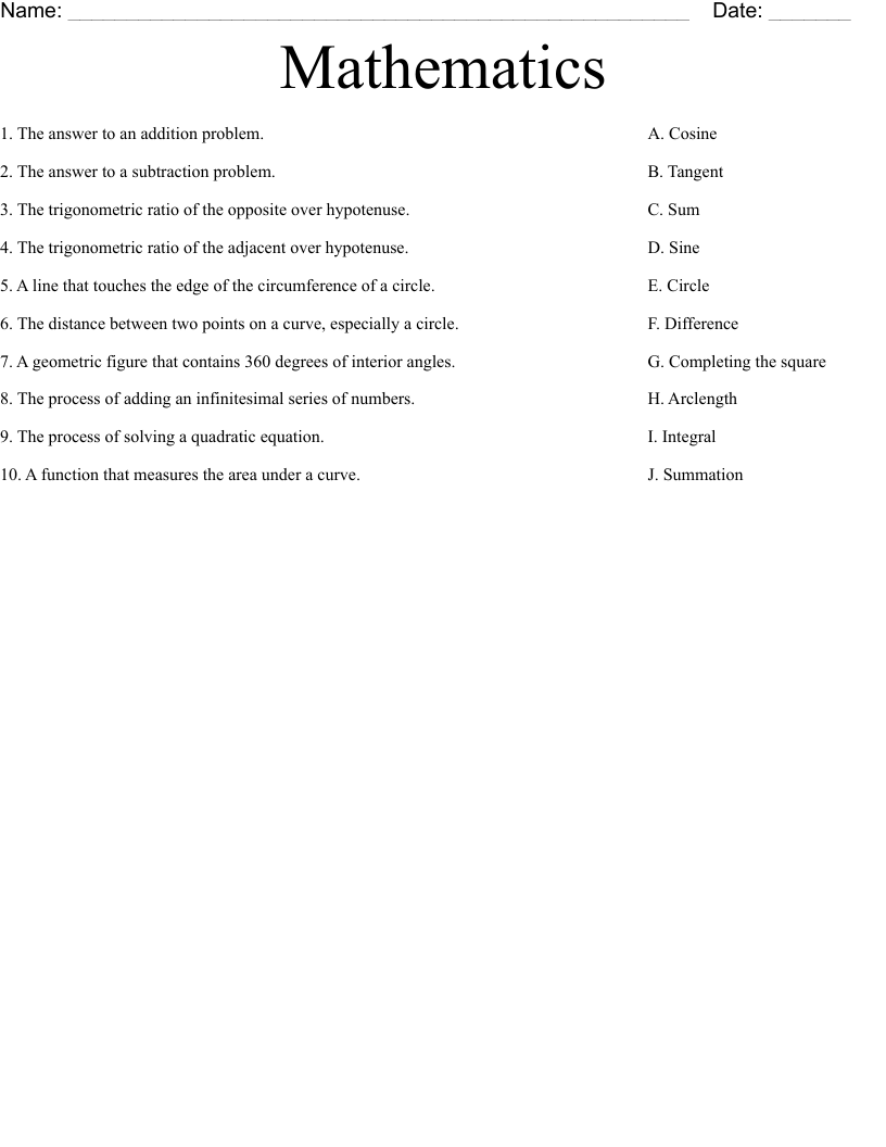 Mathematics Worksheet