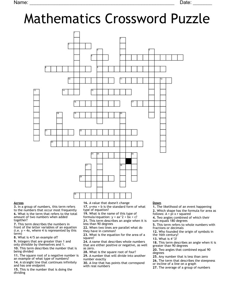 Mathematics Crossword Puzzle