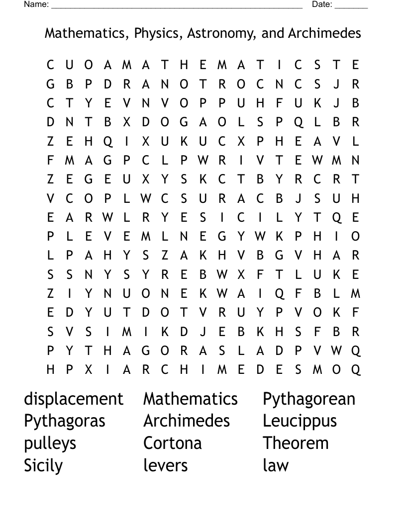 Mathematics, Physics, Astronomy, and  Archimedes Word Search