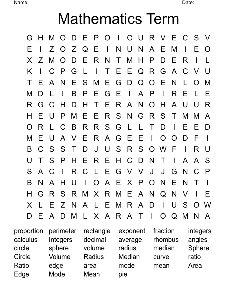Mathematics Term Word Search