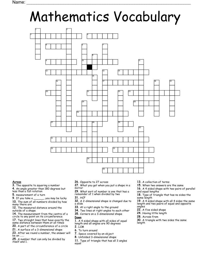 Mathematics Vocabulary Crossword