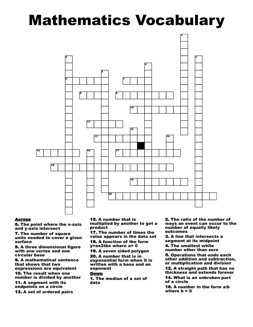 Mathematics Vocabulary  Crossword