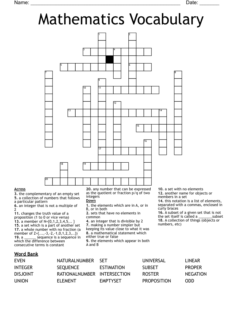 Mathematics Vocabulary  Crossword