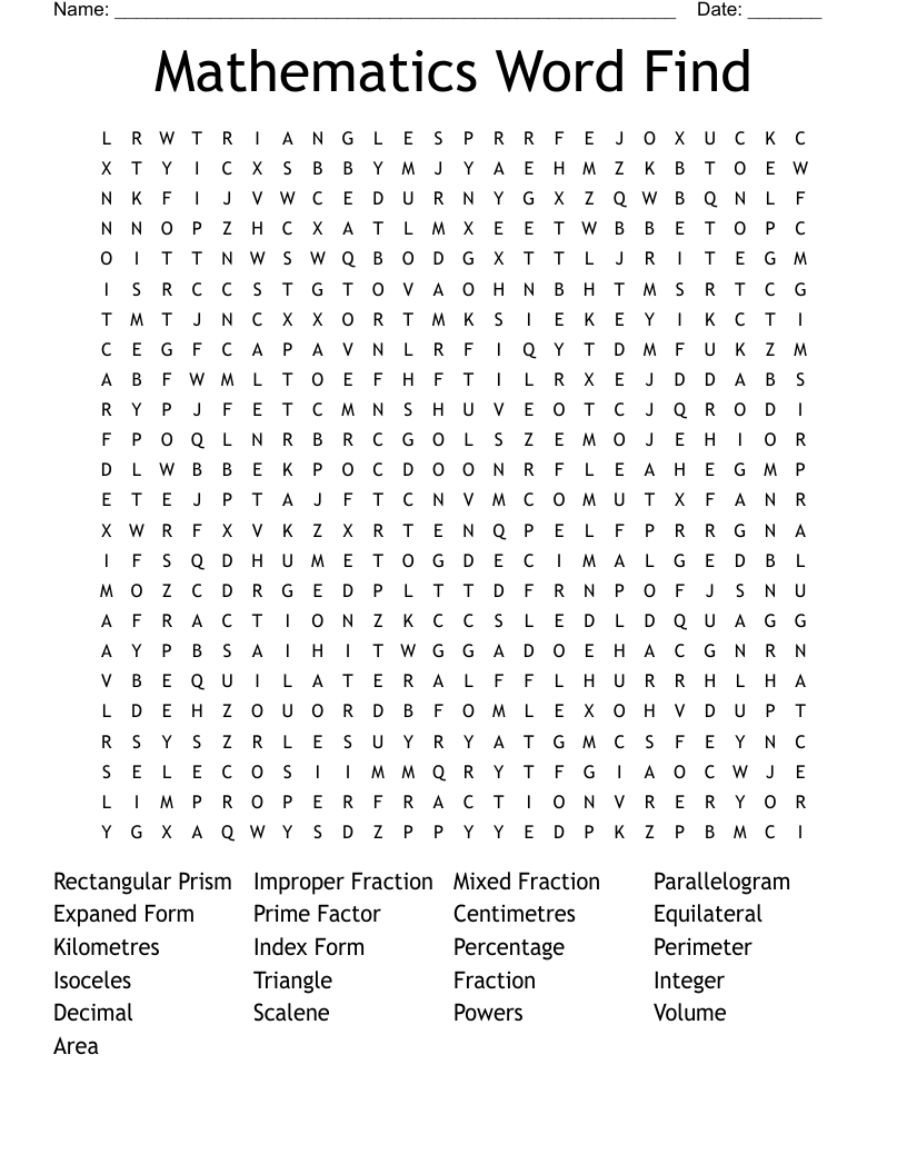 Mathematics Word Find Word Search