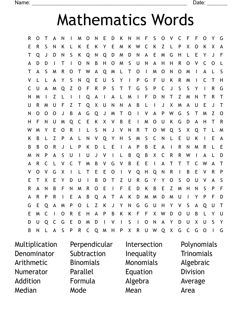 Mathematics Words Word Search