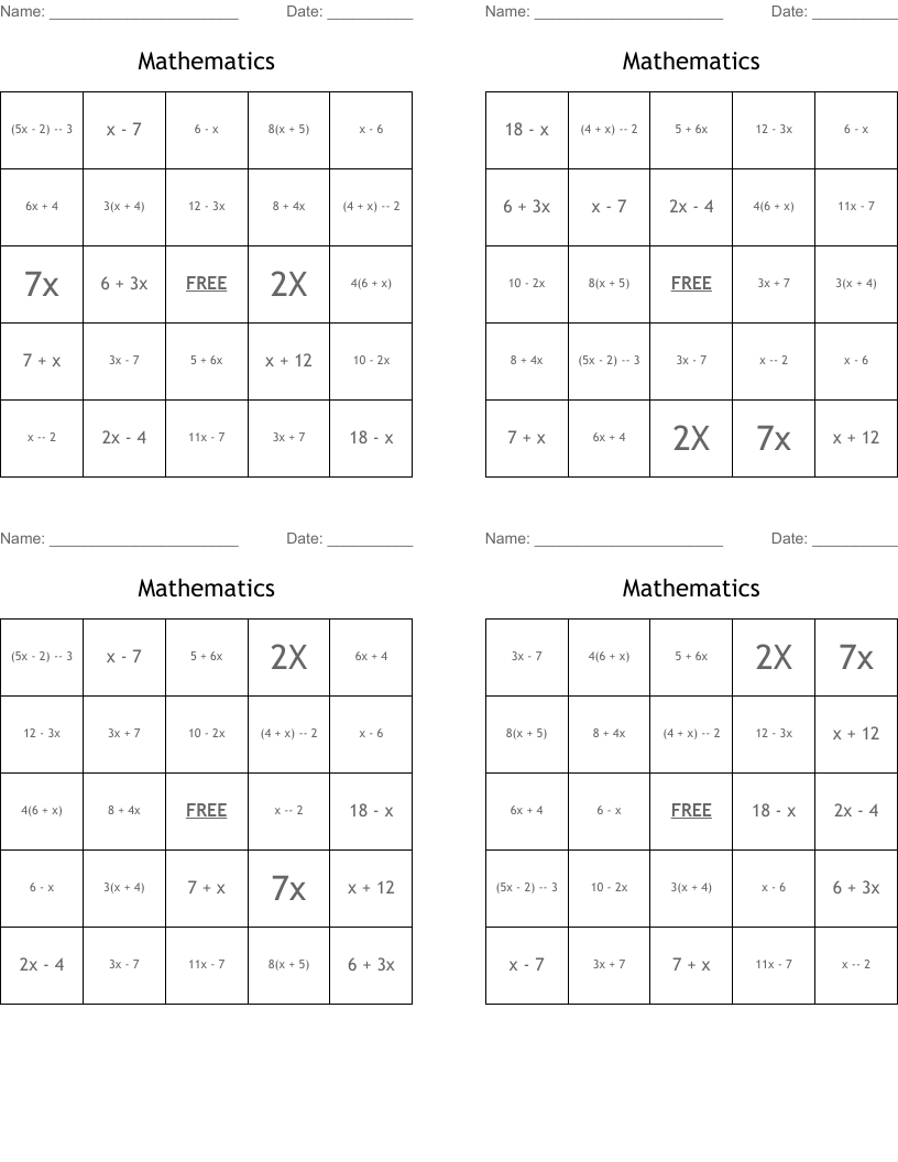 Mathematics  Bingo Cards