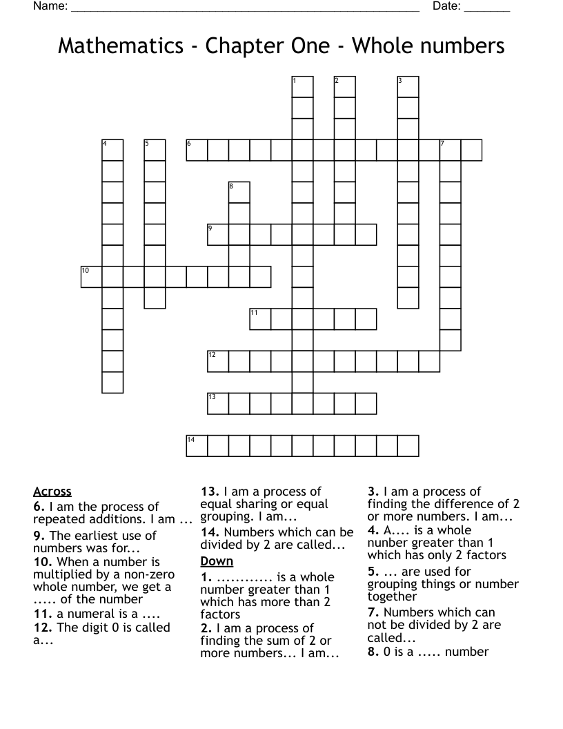 Mathematics - Chapter One - Whole numbers Crossword