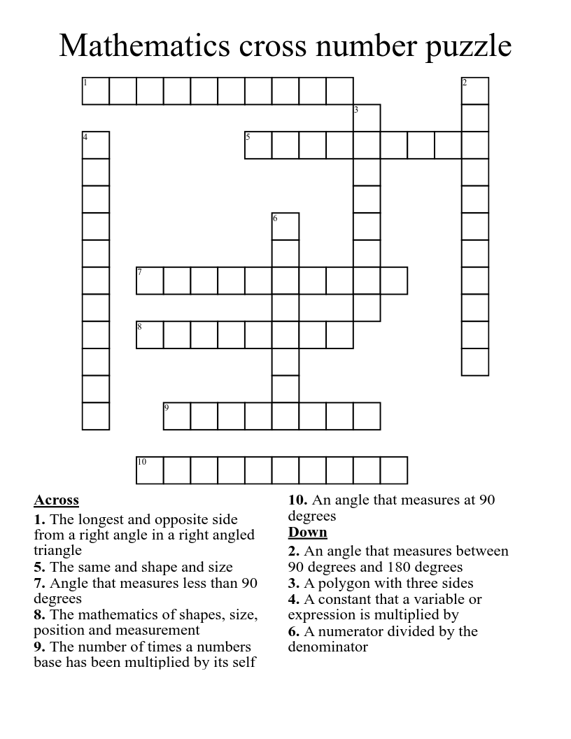 Mathematics cross number puzzle Crossword