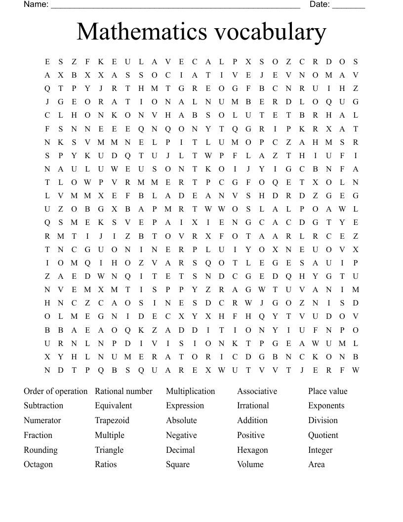 Mathematics vocabulary Word Search