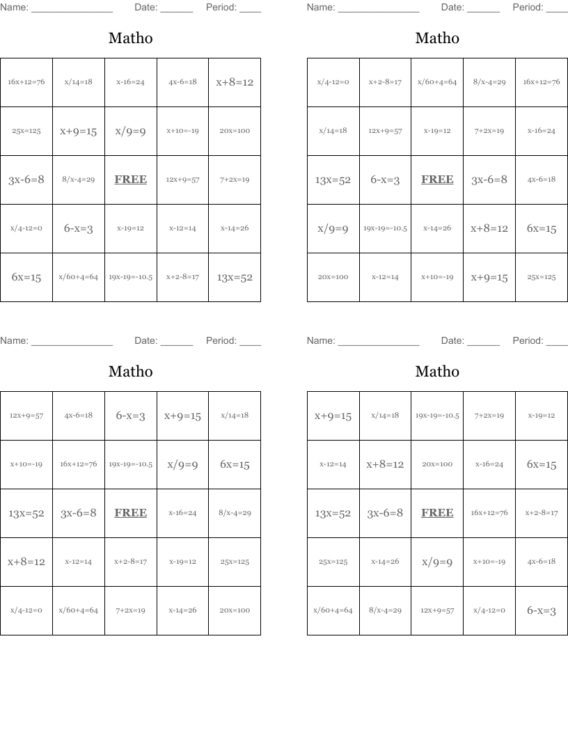 Matho Bingo Cards