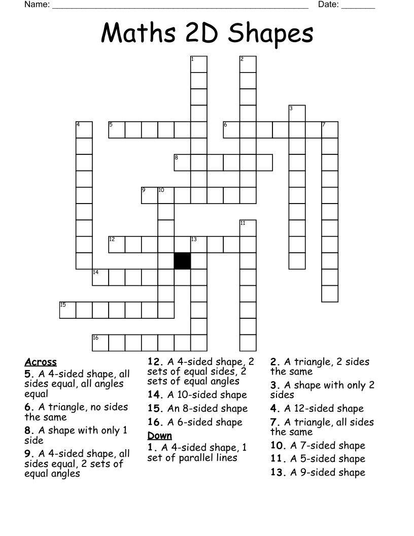 Maths 2D Shapes Crossword