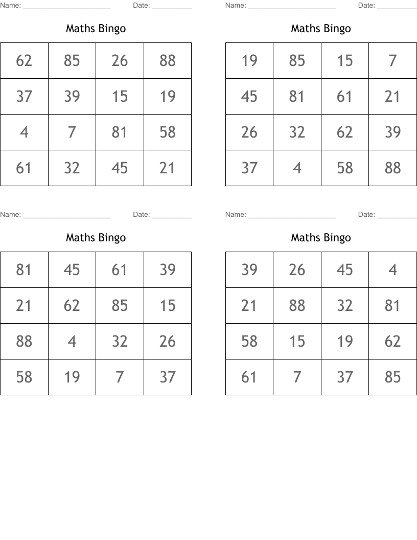 Maths Bingo