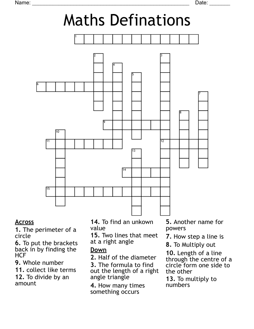 Maths Definations Crossword