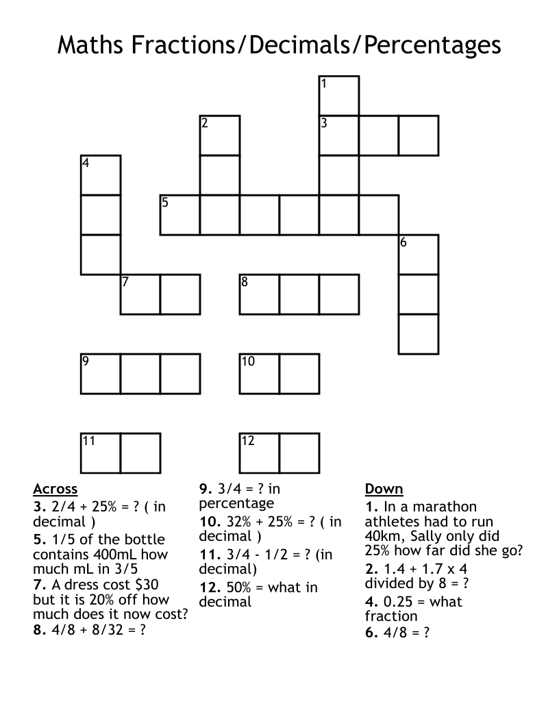 Maths Fractions/Decimals/Percentages Crossword