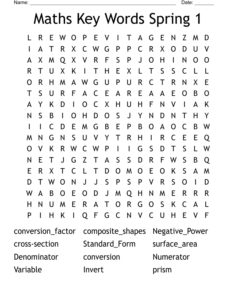 Maths Key Words Spring 1 Word Search