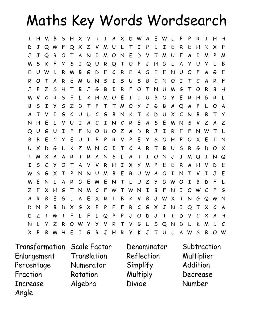 Maths Key Words Wordsearch