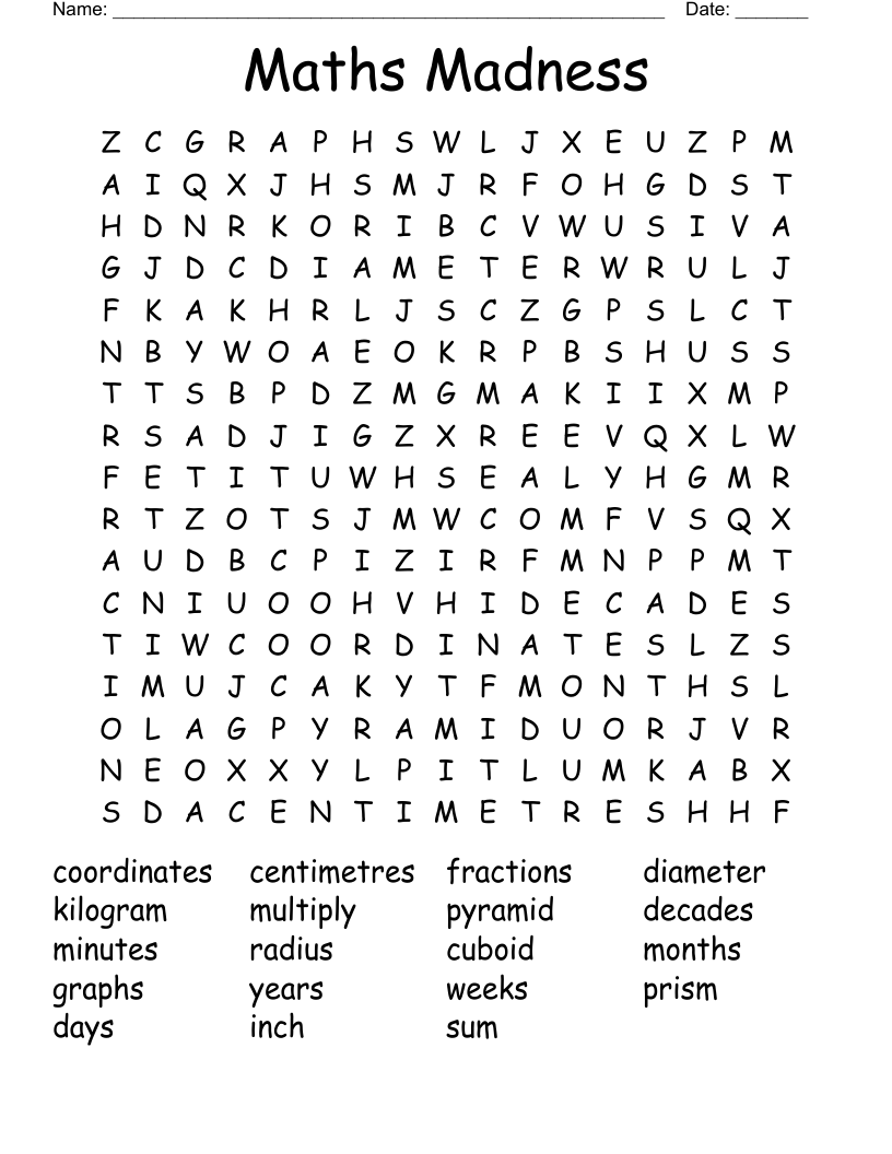 Maths Madness Word Search
