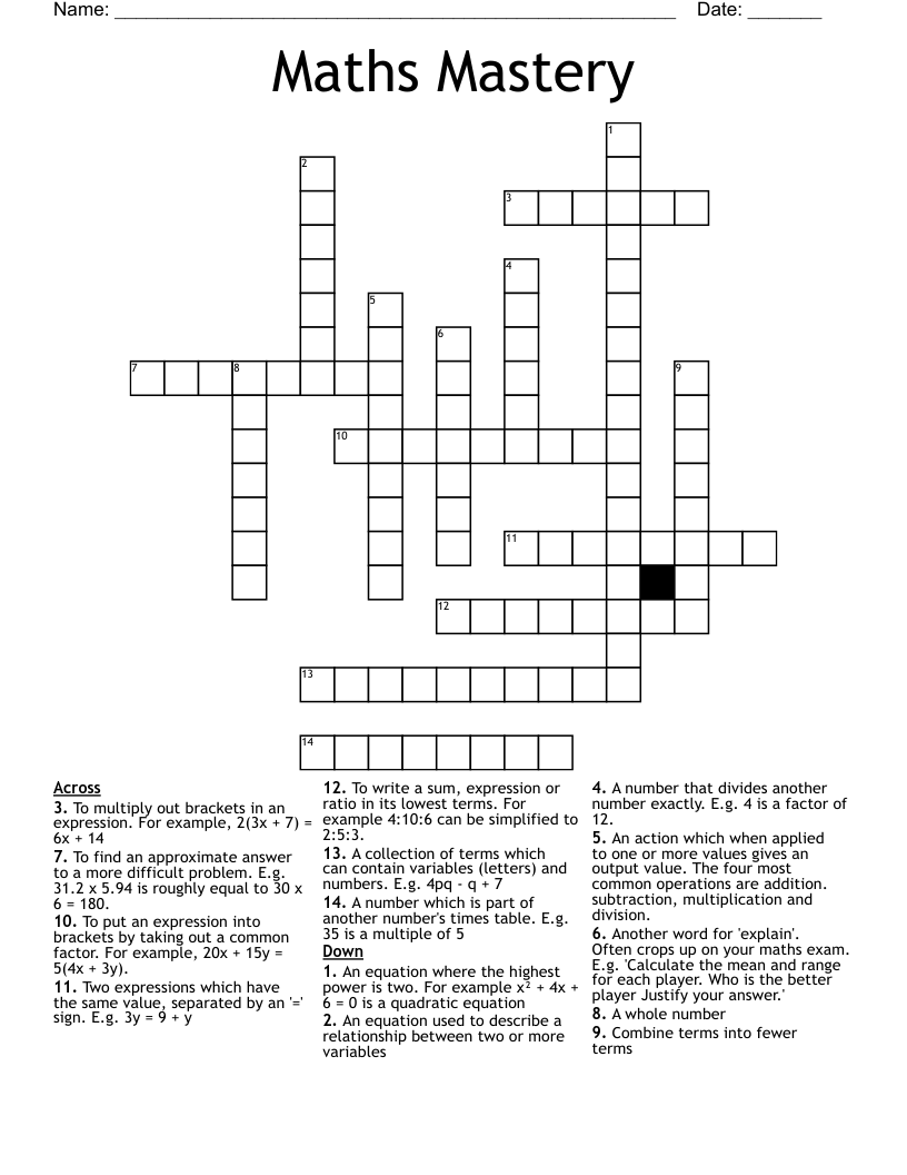 Maths Mastery  Crossword