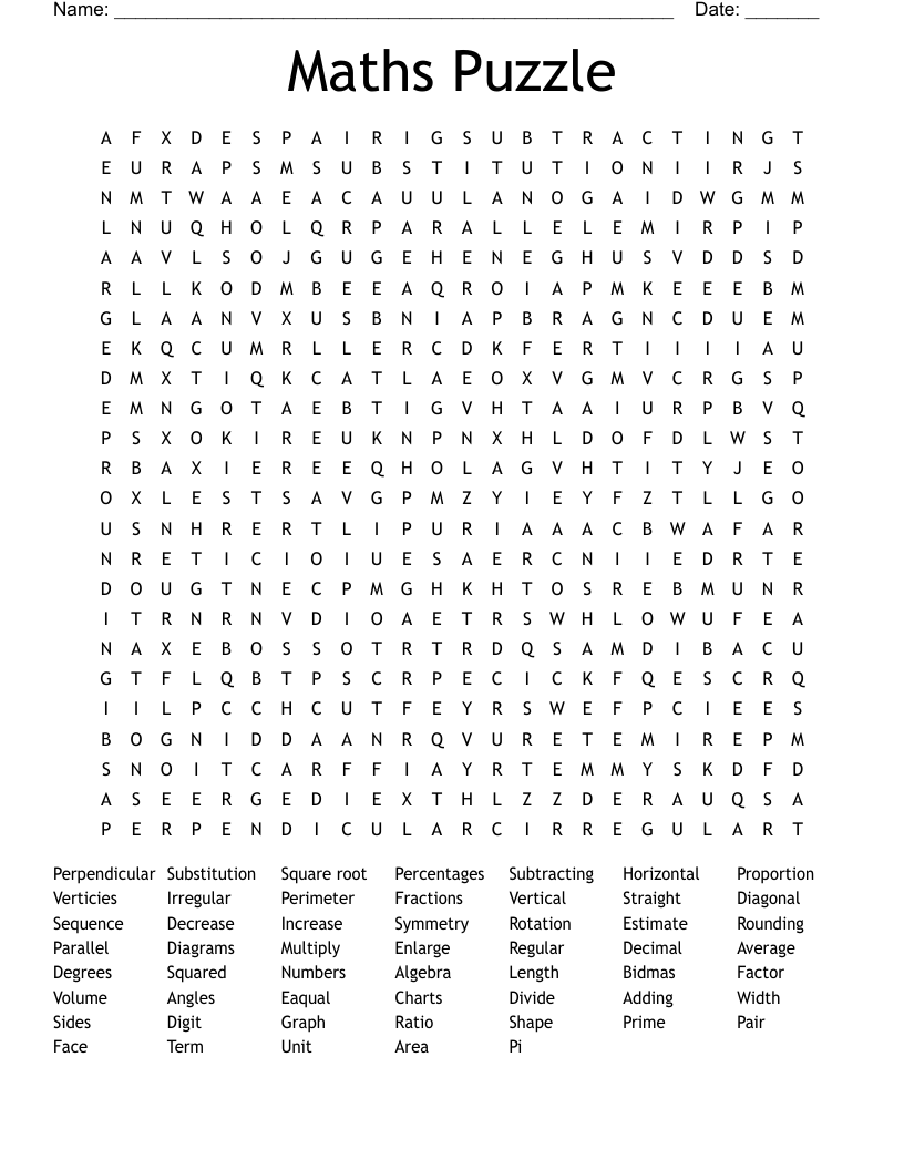Maths Puzzle Word Search