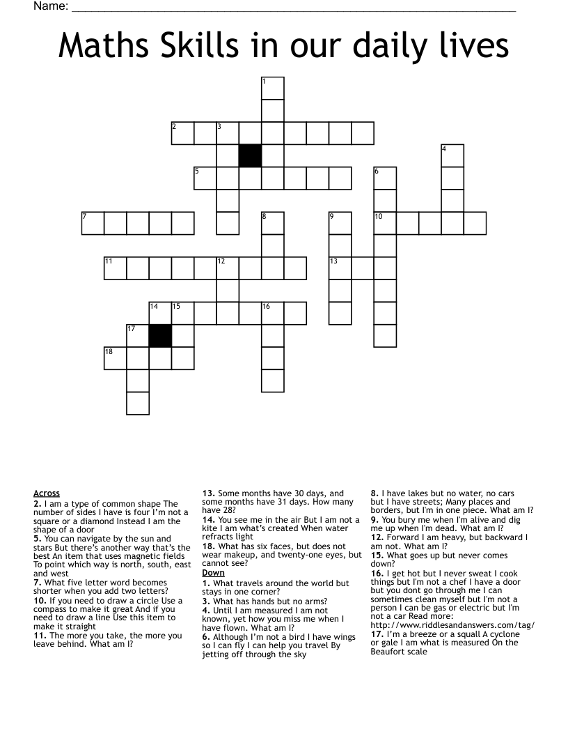 Maths Skills in our daily lives Crossword
