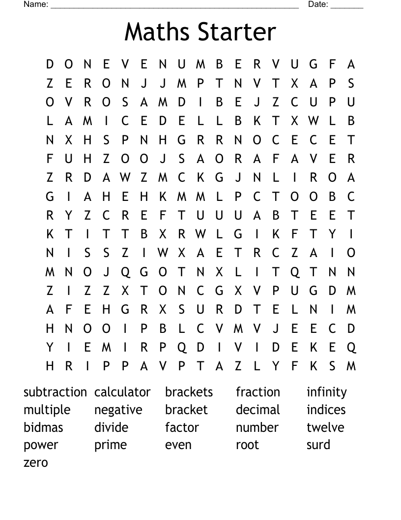 Maths Starter Word Search