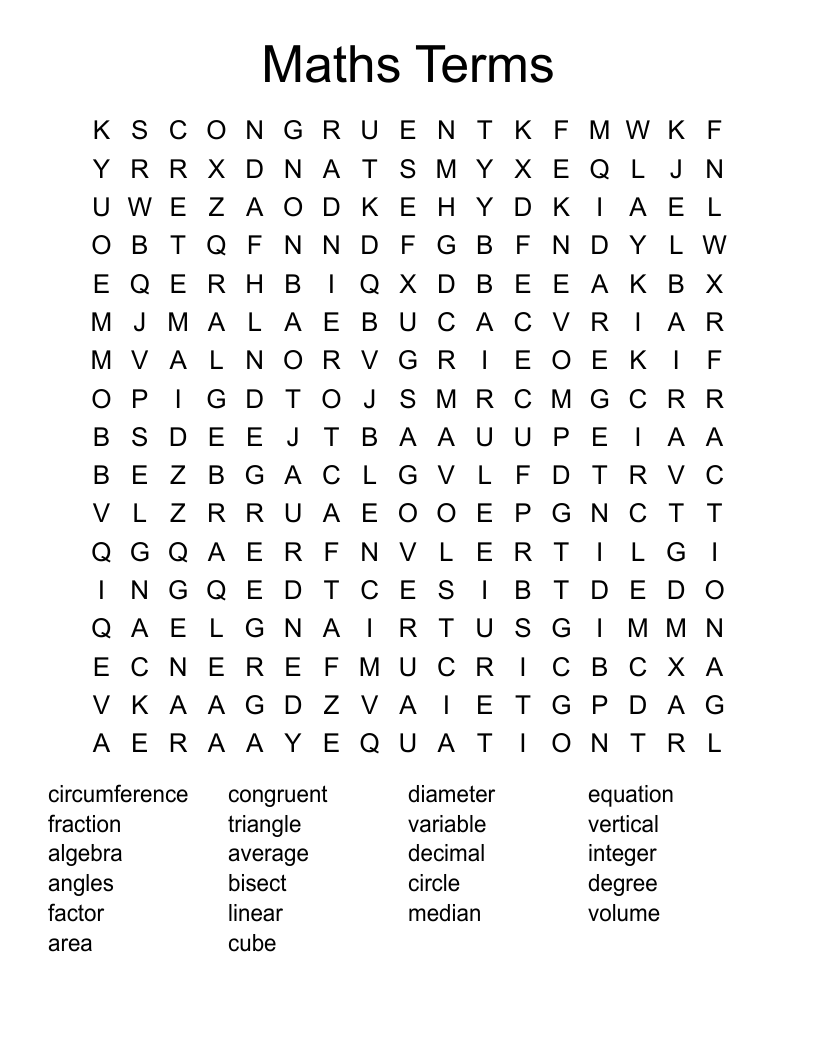 Maths Terms Word Search