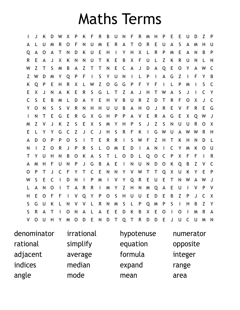 Maths Terms Word Search