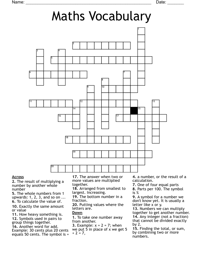 Maths Vocabulary Crossword