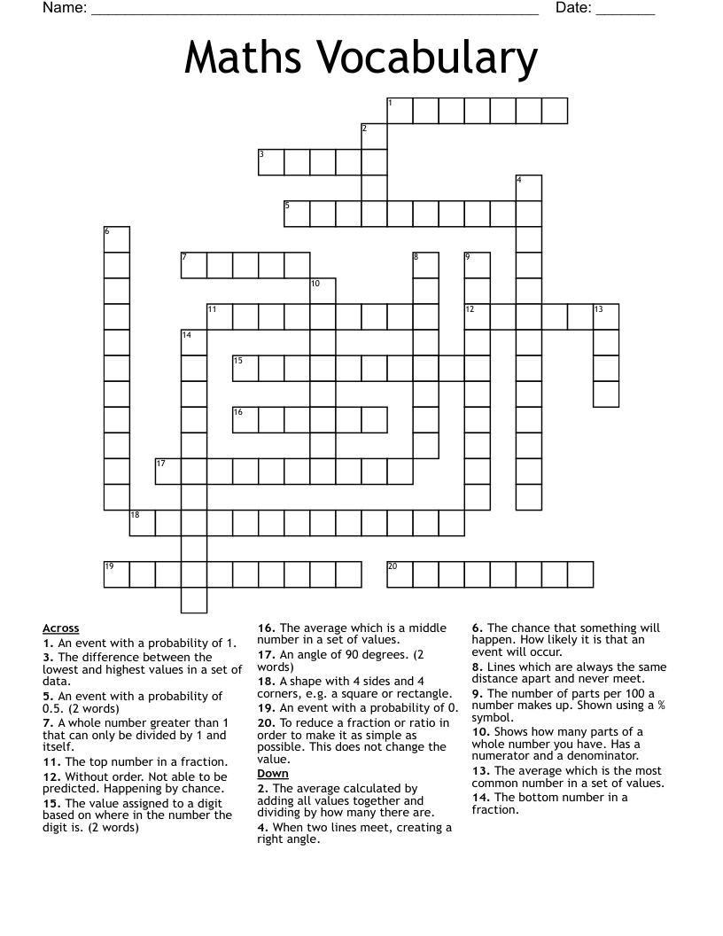 Maths Vocabulary Crossword