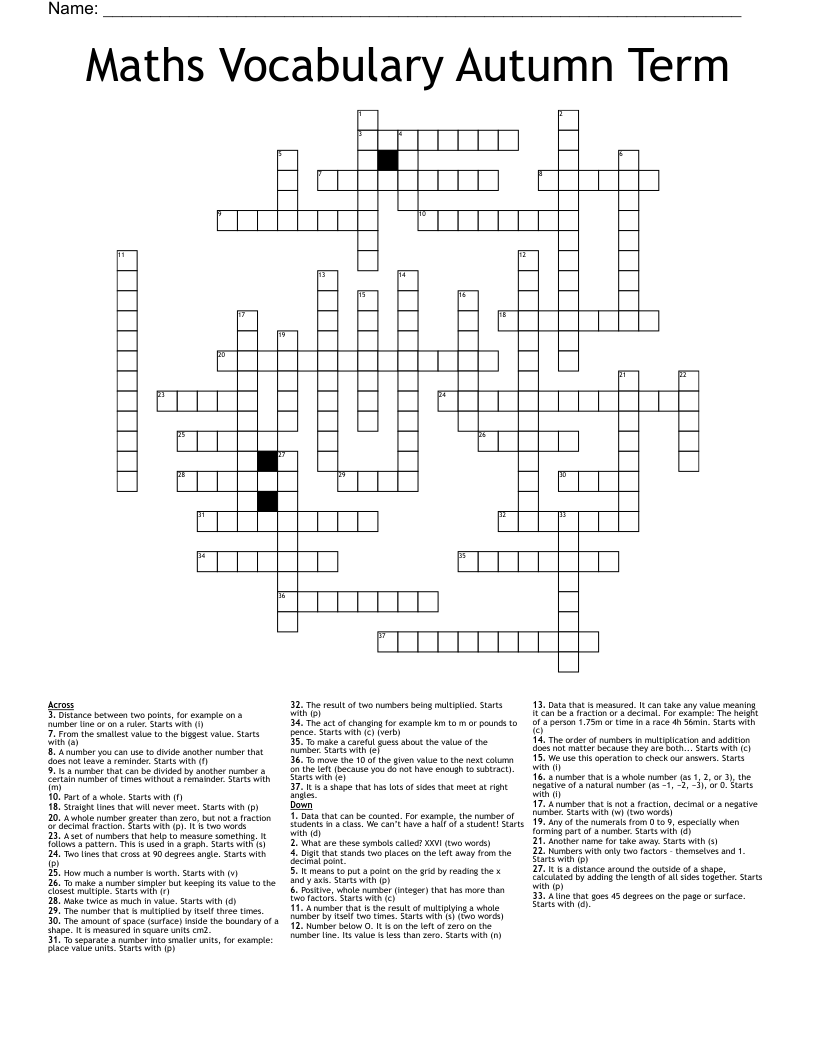 Maths Vocabulary Autumn Term Crossword