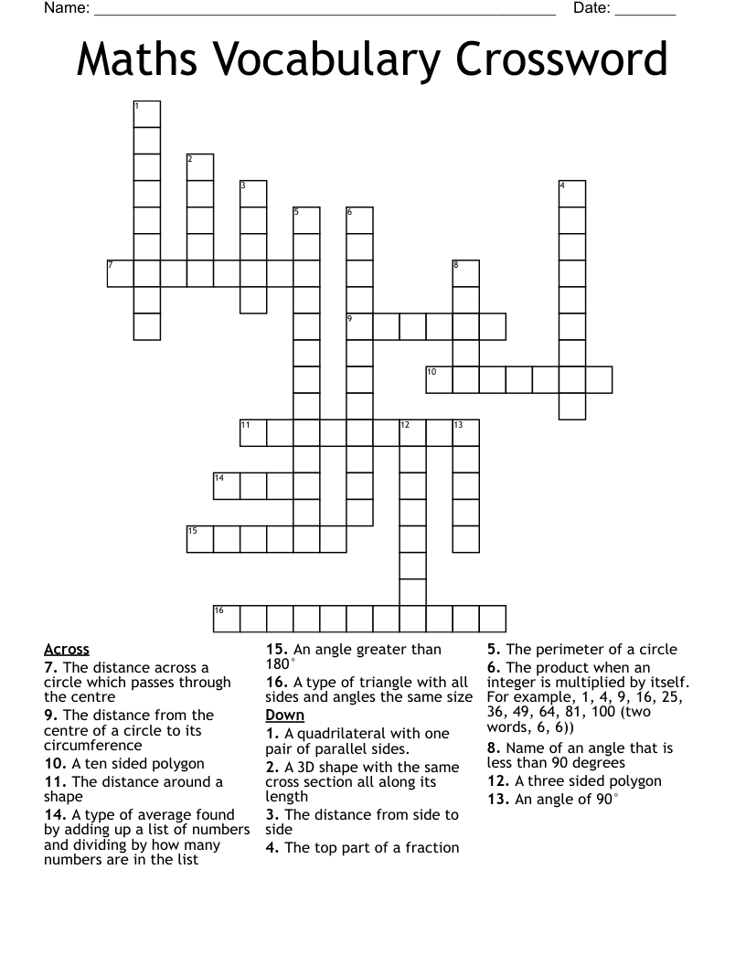 Maths Vocabulary Crossword