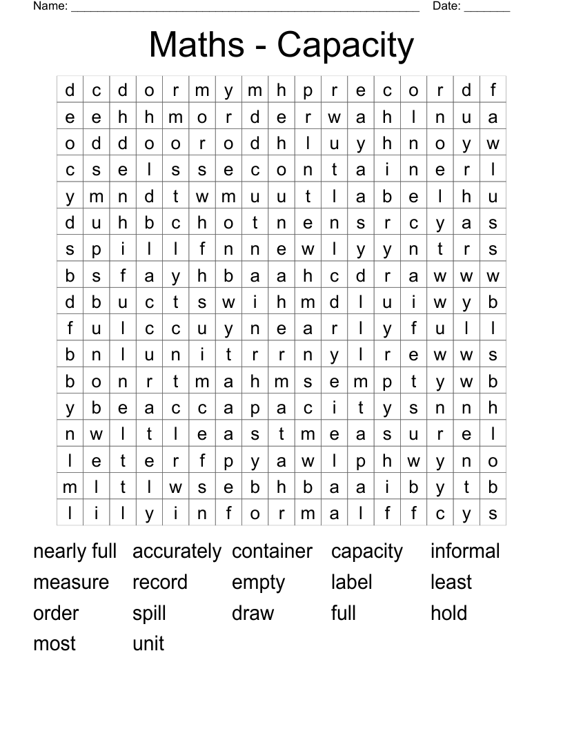 Maths - Capacity Word Search