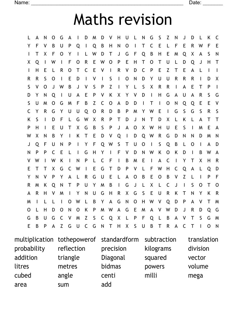 Maths revision Word Search