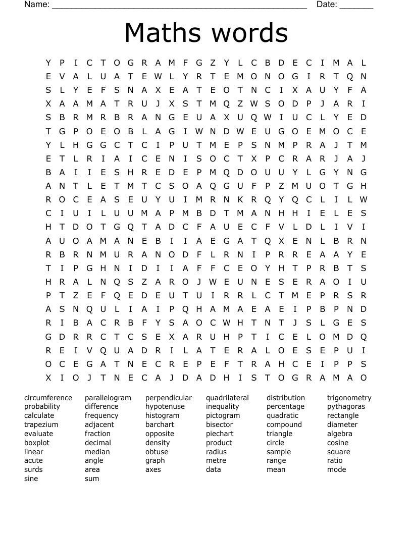 Maths words Word Search