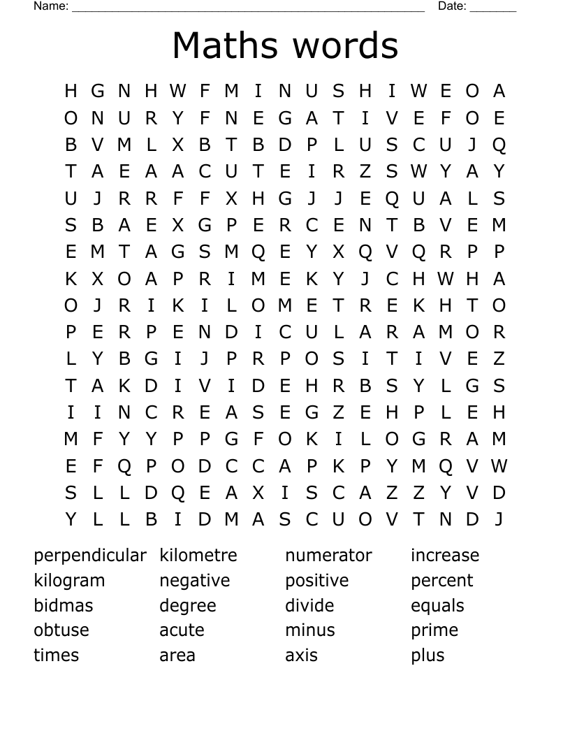 Maths words Word Search