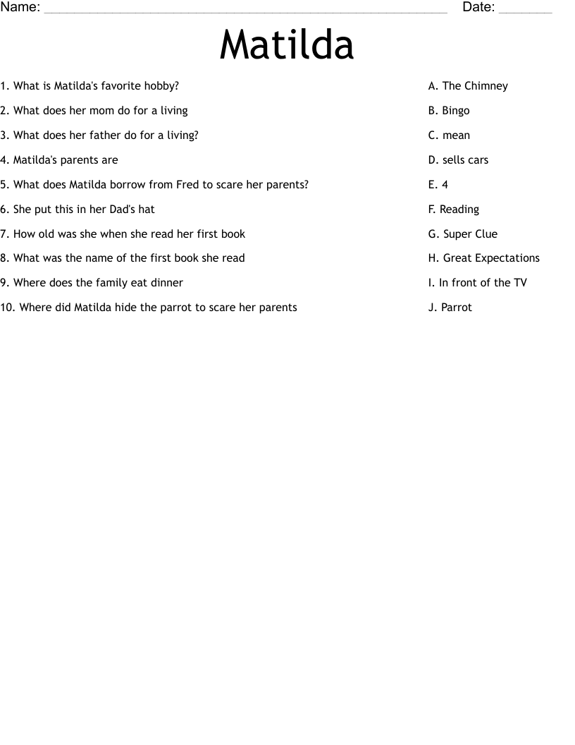 Matilda Worksheet