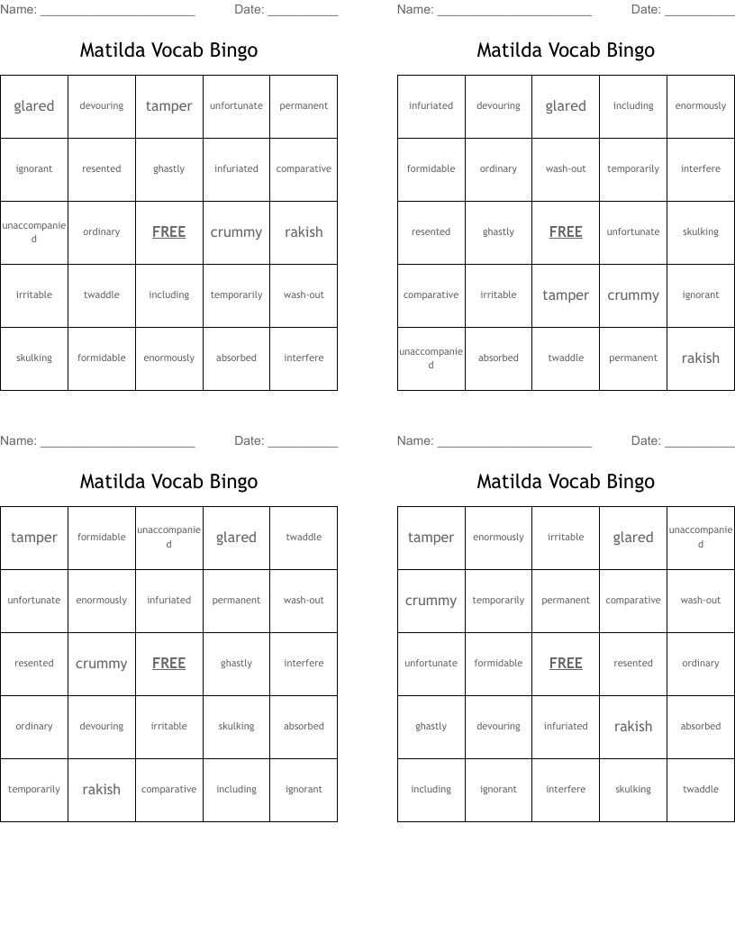 Matilda Vocab Bingo