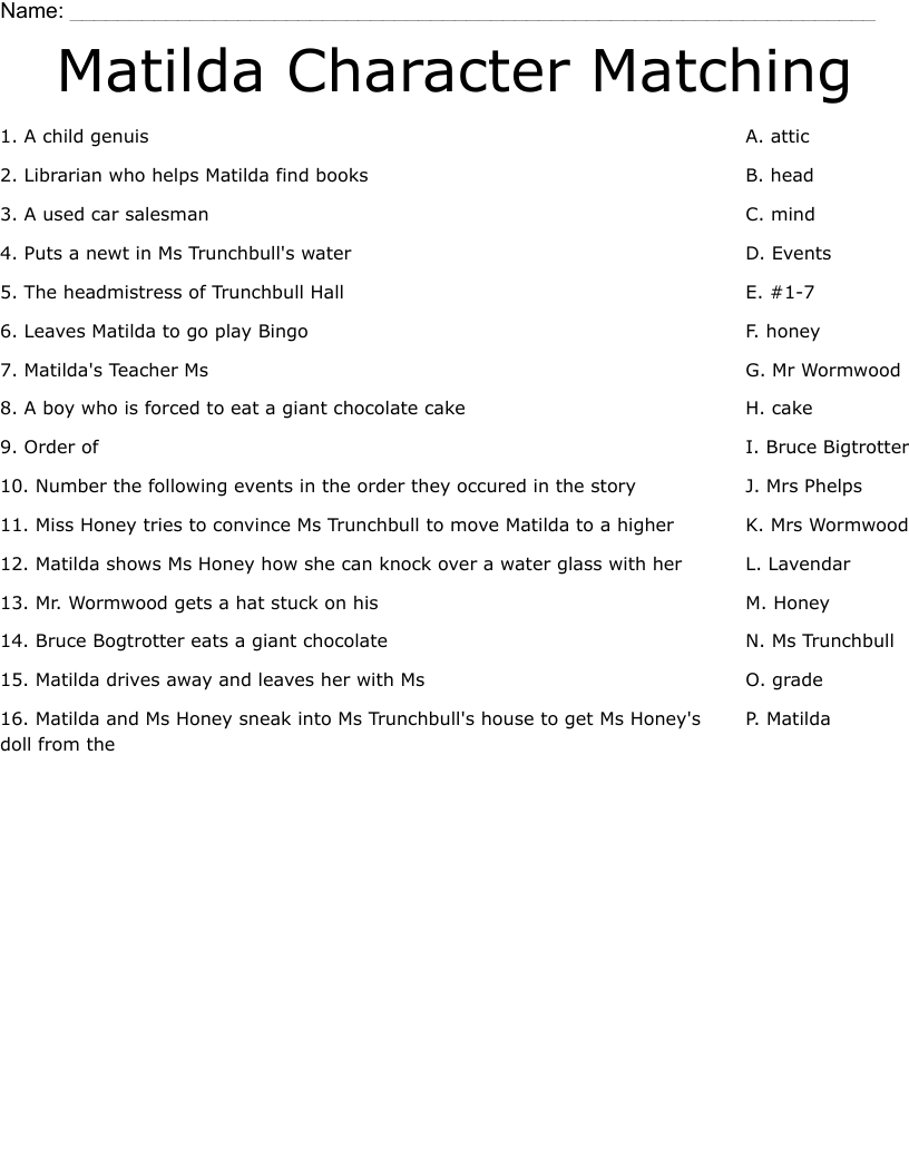 Matilda  Character Matching Worksheet