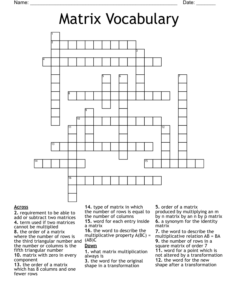 Matrix Vocabulary Crossword