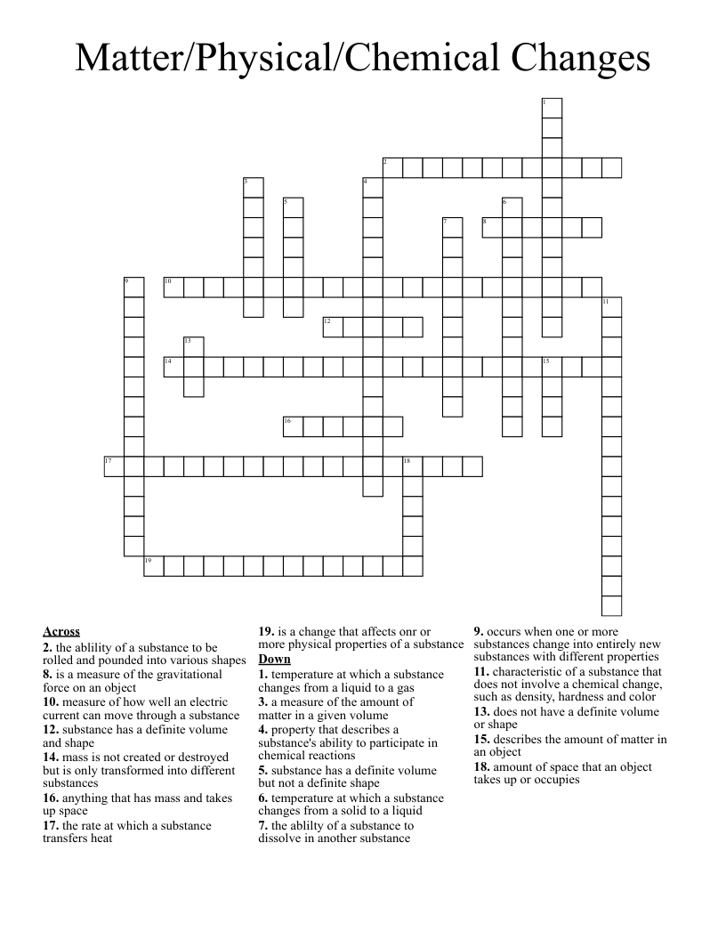 Matter/Physical/Chemical Changes Crossword
