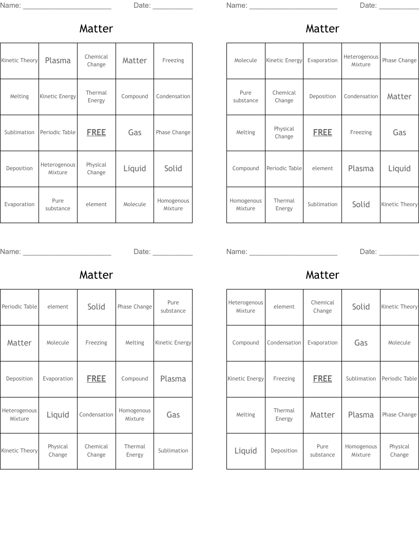 Matter Bingo Cards