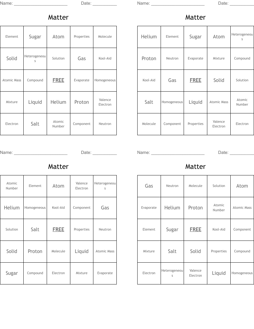 Matter Bingo Cards