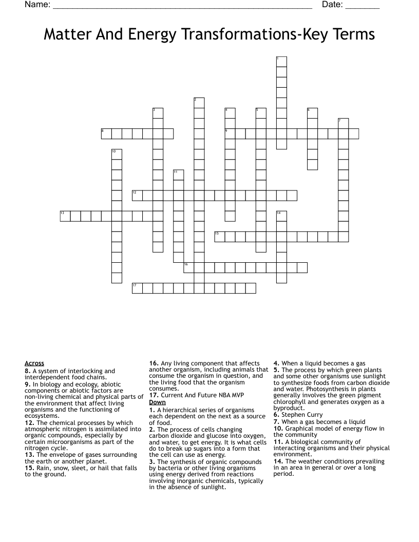 Matter And Energy Transformations-Key Terms Crossword