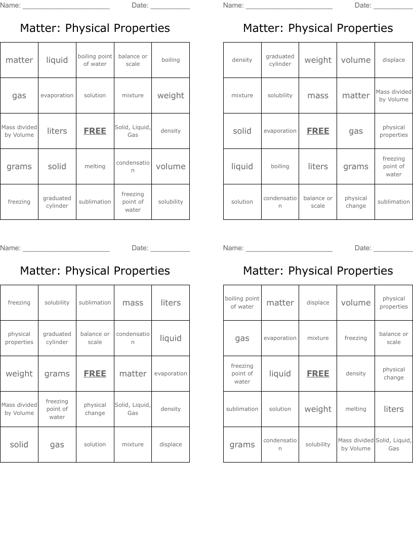 Matter: Physical Properties Bingo Cards