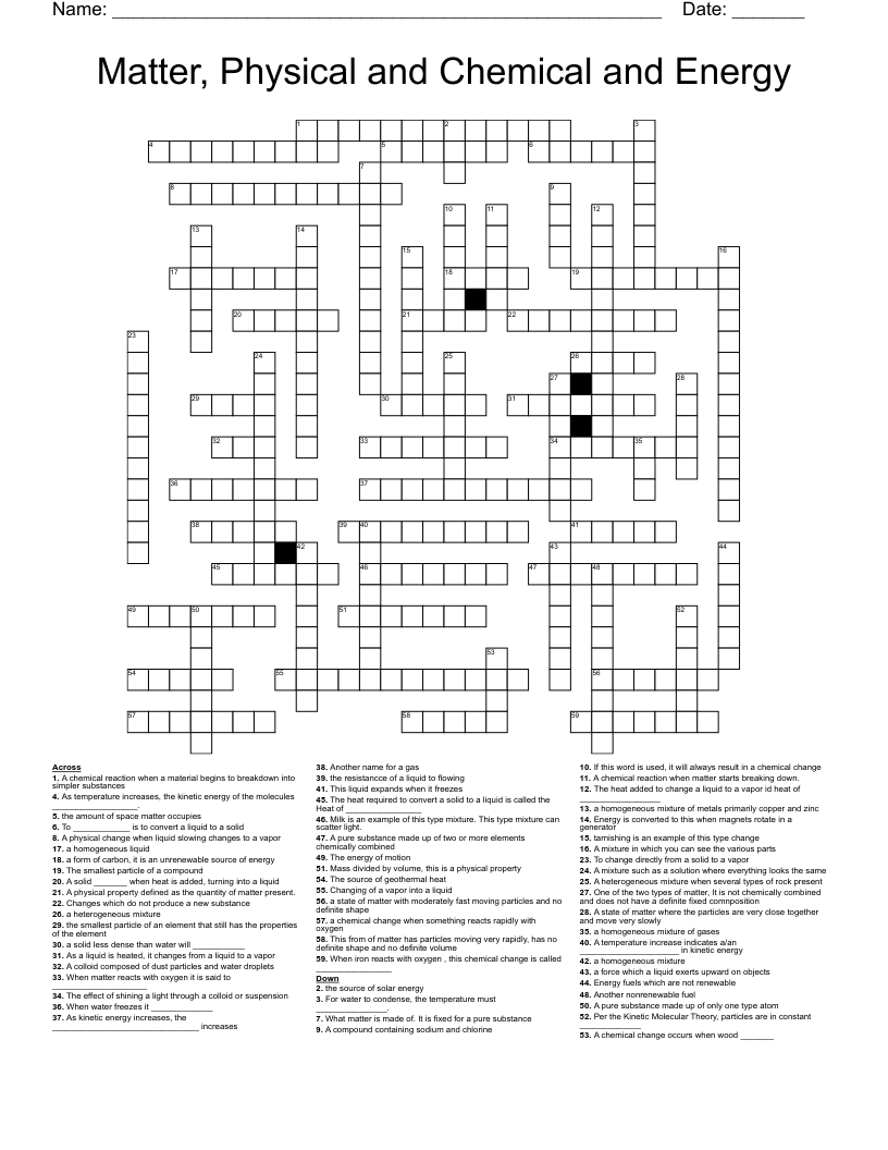 Matter, Physical and Chemical  and Energy Crossword